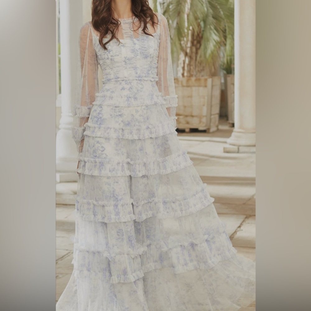 Needle & Thread Sheer Blue Floral Long Sleeve Dress